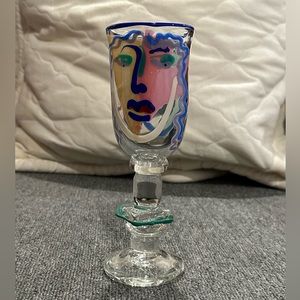 Bernstein Art Glass Goblets, Stemware, Vintage Art Glass Face Signed